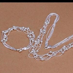 S925 Sterling Silver Multilayer Necklace N Bracelet with Beaded Snake Chain Set